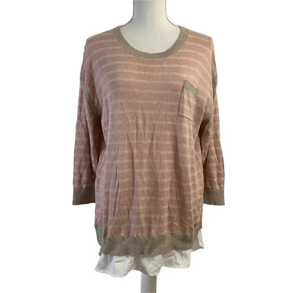 Calvin Klein Striped Sweater Pink Sparkle 3/4 Sleeve Cotton Blend Large - Picture 1 of 8